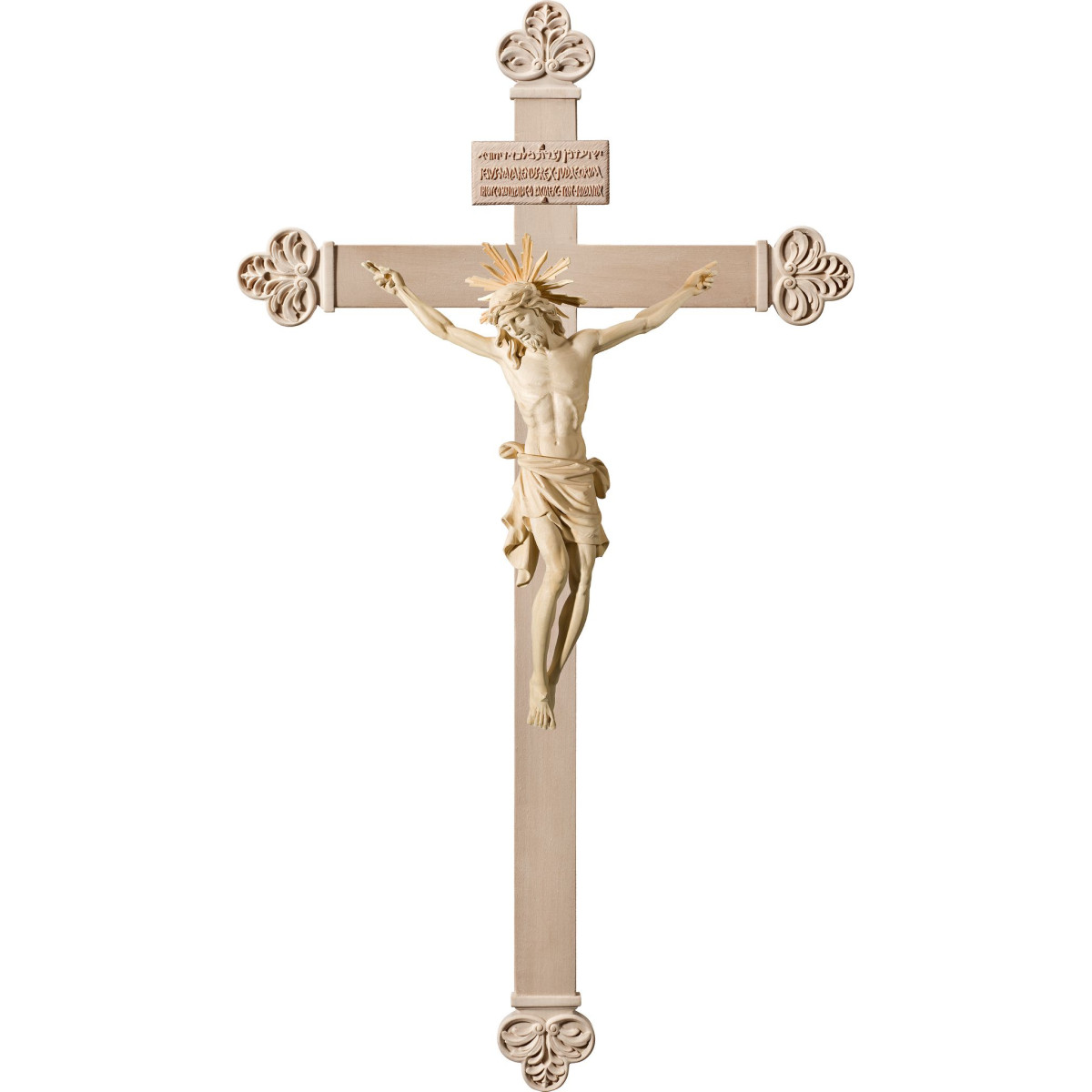 Cristo Pisa en cruz barroca con Titulus Crucis en hebreo - latín - griego